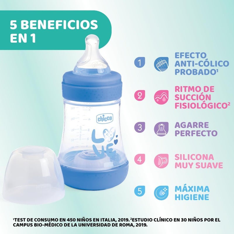 Chicco Perfect 5 Feeding Bottle 150ml Slow Flow 0m+ Silicone, Blue - Image 3